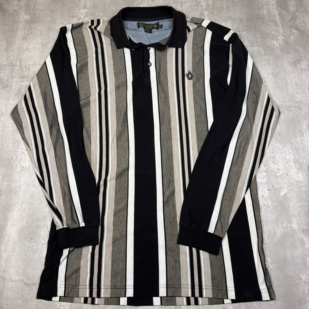 Vintage Men's XL Tall Vertical Stripe Long Sleeve Rugby Polo Grey Black White